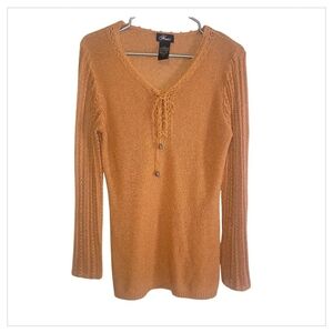 Boho Knit Lace-Up Sweater | Camel Brown | Crochet Detail | Long Sleeve | Large